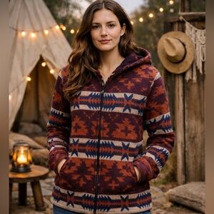 Boho Southwest Aztec Hooded Zip Jacket Medium